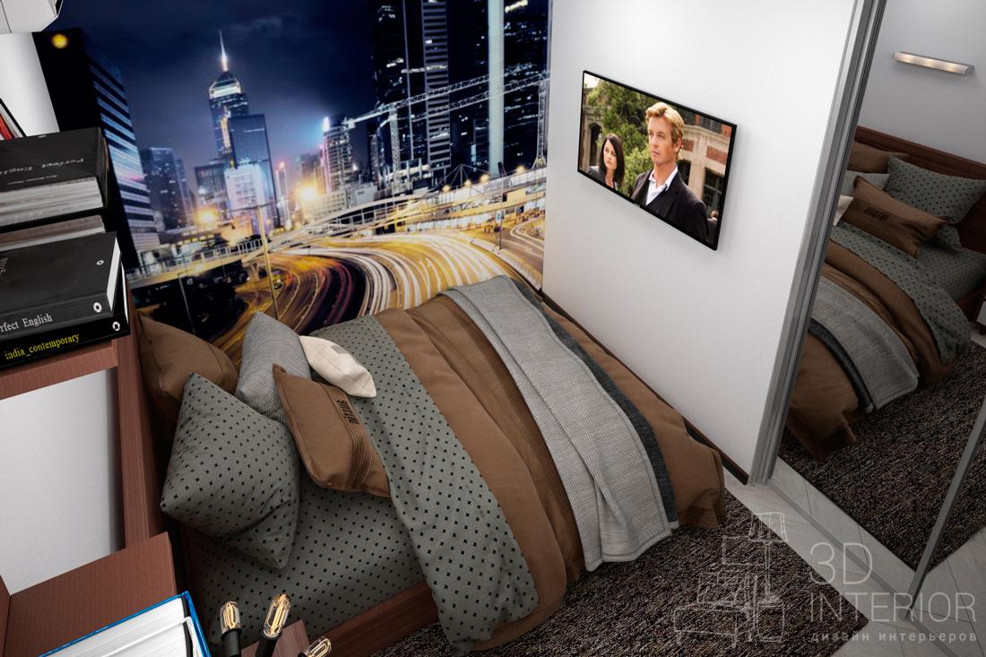 современная спальня с фото стеной